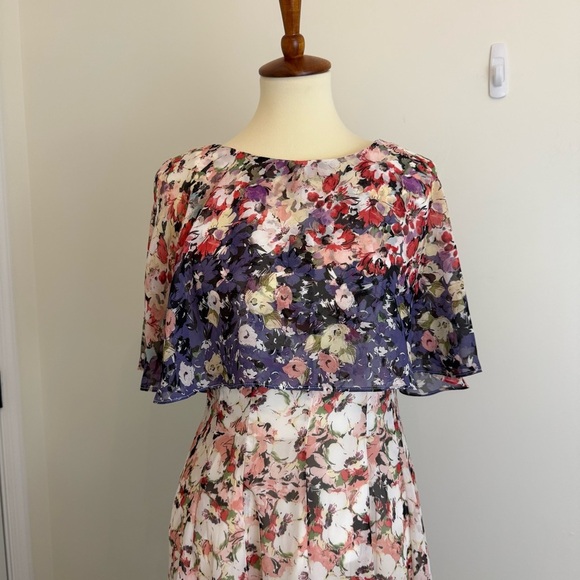 Floral Chiffon Fit & Flare Dress Size 8 Ruffle Sleeve Wedding Guest Formal - Picture 2 of 13